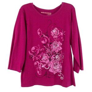 Bit & Bridle Fuchsia Hot Pink Rose Top Plus Size 1X Silver Metallic Cowgirl